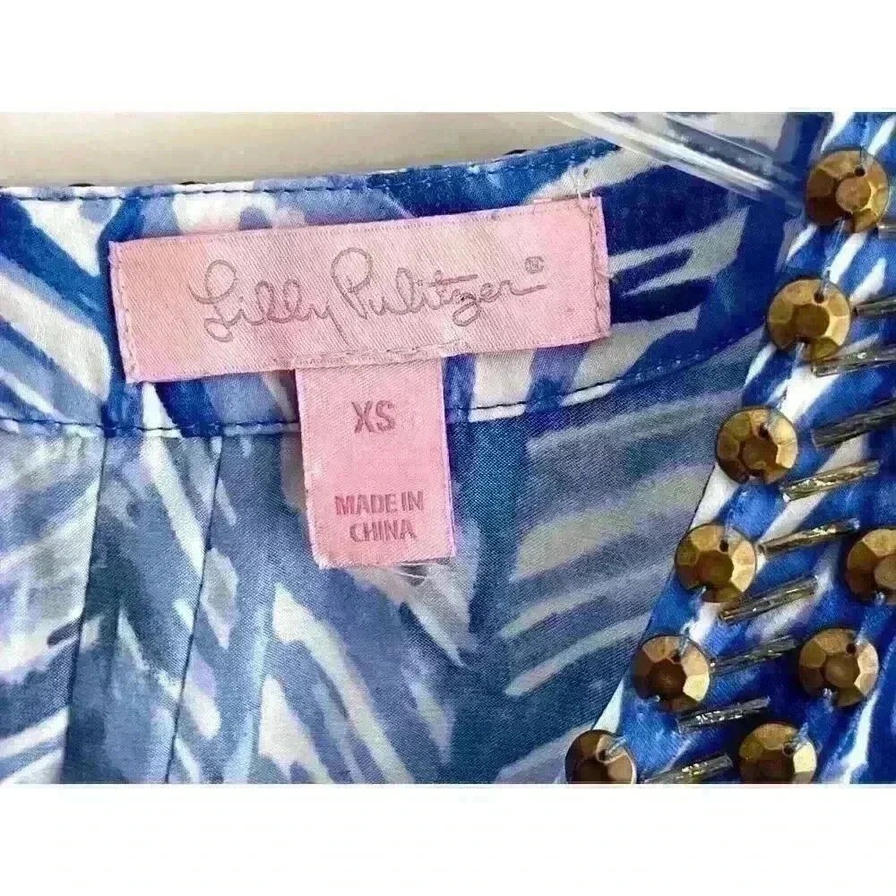 Lilly Pulitzer Sz XS Colby Romper Blue Palm Print Summer Vacation Travel Night - Picture 14 of 16